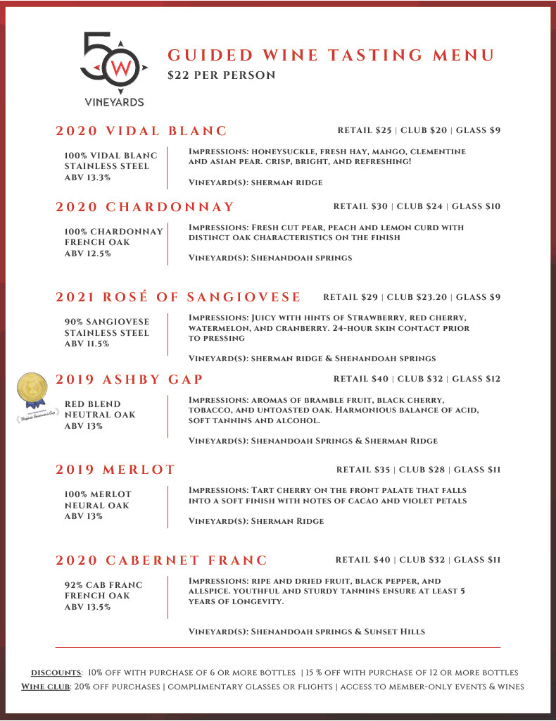 50 West Winery And Vineyard Menus Wine Tasting Menu
